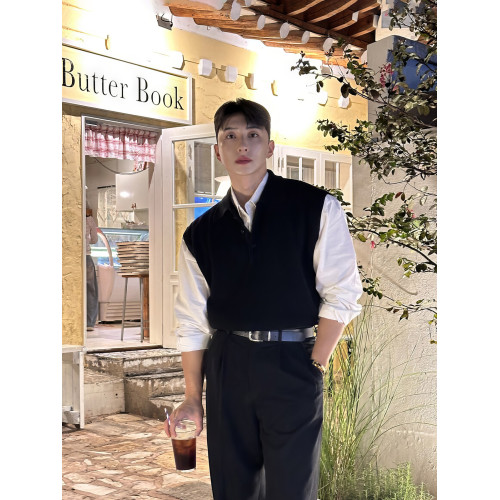 翻領針織衫背心男士春秋韓版美拉德穿搭無袖毛衣輕熟風polo領馬甲