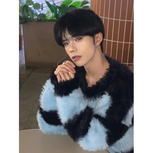 條紋撞色馬海毛毛衣男秋冬美式復古慵懶針織衫潮牌毛茸茸圓領外套