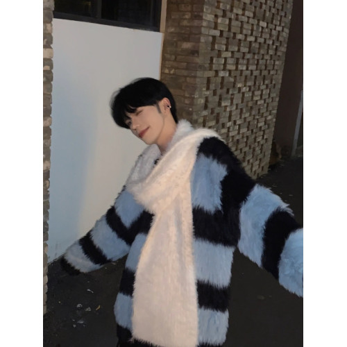 條紋撞色馬海毛毛衣男秋冬美式復古慵懶針織衫潮牌毛茸茸圓領外套