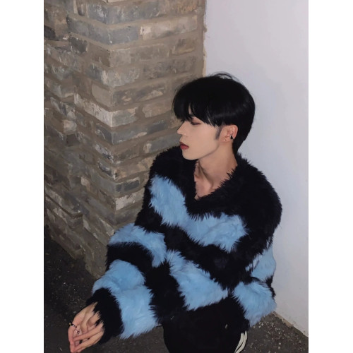 條紋撞色馬海毛毛衣男秋冬美式復古慵懶針織衫潮牌毛茸茸圓領外套