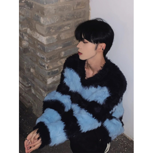 條紋撞色馬海毛毛衣男秋冬美式復古慵懶針織衫潮牌毛茸茸圓領外套