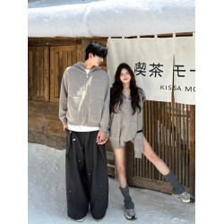 美式灰色連帽毛衣男女秋冬季慵懶顯瘦短褲兩件套針織開衫拉鍊套裝