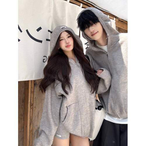 美式灰色連帽毛衣男女秋冬季慵懶顯瘦短褲兩件套針織開衫拉鍊套裝 美式灰色連帽毛衣男女秋冬季慵懶顯瘦短褲兩件套針織開衫拉鍊套裝