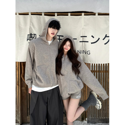 美式灰色連帽毛衣男女秋冬季慵懶顯瘦短褲兩件套針織開衫拉鍊套裝 美式灰色連帽毛衣男女秋冬季慵懶顯瘦短褲兩件套針織開衫拉鍊套裝