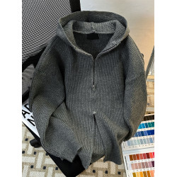 cleanfit深灰色針織開衫外套男款秋冬款高級感軟糯雙拉鍊毛衣連帽