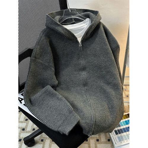 cleanfit深灰色針織開衫外套男款秋冬款高級感軟糯雙拉鍊毛衣連帽