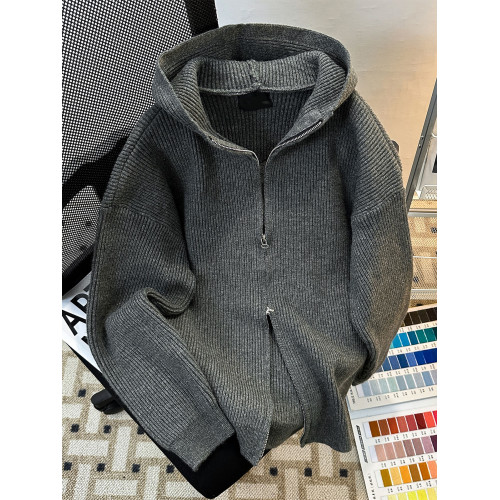 cleanfit深灰色針織開衫外套男款秋冬款高級感軟糯雙拉鍊毛衣連帽
