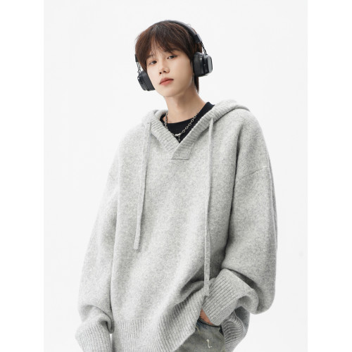 美式cleanfit針織套頭衫男冬潮牌慵懶風連帽毛衣寬松復古情侶線衣