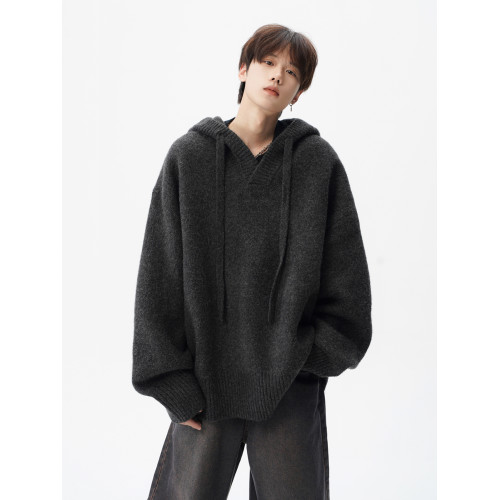 美式cleanfit針織套頭衫男冬潮牌慵懶風連帽毛衣寬松復古情侶線衣