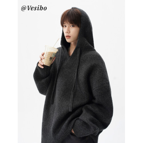 美式cleanfit針織套頭衫男冬潮牌慵懶風連帽毛衣寬松復古情侶線衣