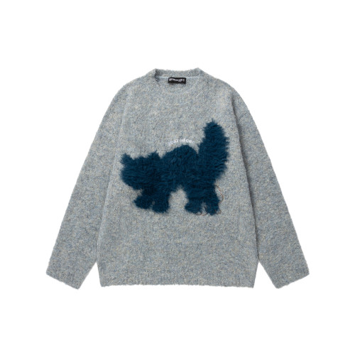 MOISHE TIDE美式復古毛絨小貓圓領針織衫男潮牌慵懶情侶休閒毛衣