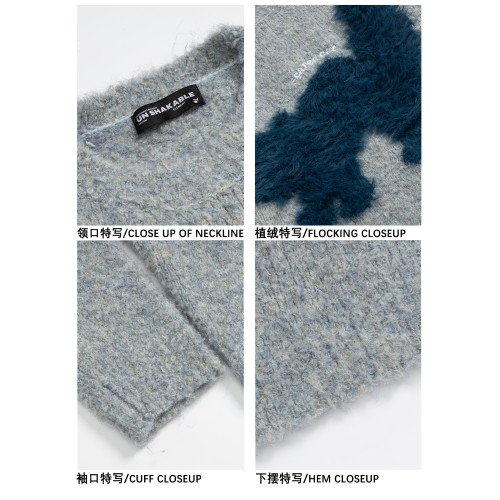 MOISHE TIDE美式復古毛絨小貓圓領針織衫男潮牌慵懶情侶休閒毛衣