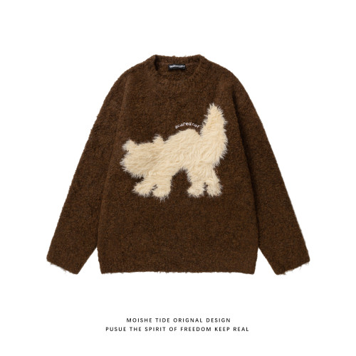 MOISHE TIDE美式復古毛絨小貓圓領針織衫男潮牌慵懶情侶休閒毛衣