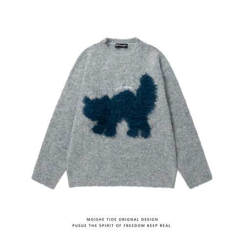 MOISHE TIDE美式復古毛絨小貓圓領針織衫男潮牌慵懶情侶休閒毛衣