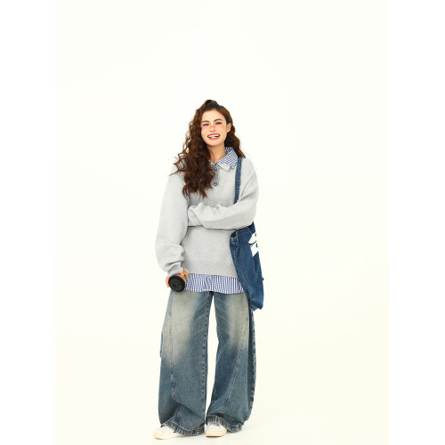 野生阿子美式復古高級感假兩件繙領學院風毛衣女春秋百搭針織衫潮