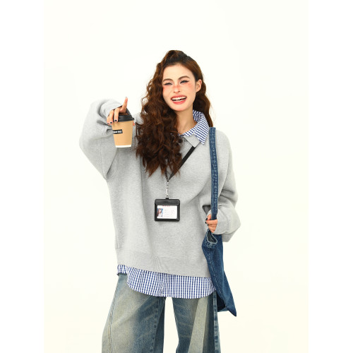 野生阿子美式復古高級感假兩件繙領學院風毛衣女春秋百搭針織衫潮