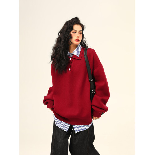 野生阿子美式復古高級感假兩件繙領學院風毛衣女春秋百搭針織衫潮