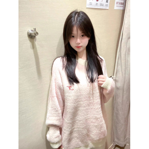 粉色馬海毛軟糯毛衣女秋季2025新款針織衫寬松圓領長袖慵懶風上衣