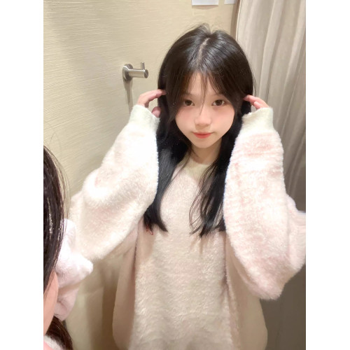 粉色馬海毛軟糯毛衣女秋季2025新款針織衫寬松圓領長袖慵懶風上衣