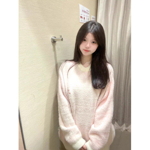 粉色馬海毛軟糯毛衣女秋季2025新款針織衫寬松圓領長袖慵懶風上衣