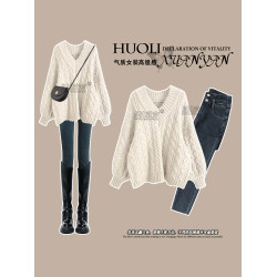 韓系冬季穿搭寬松慵懶v領毛衣女巨好看的冬裝高級感衣服針織上衣