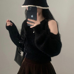 韓國chic秋冬短款露肩毛衣水貂毛純色圓領性感毛絨絨套頭針織衫