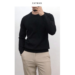 春秋純色薄款圓領打底針織衫男韓版修身套頭毛衣內搭線衫男士上衣