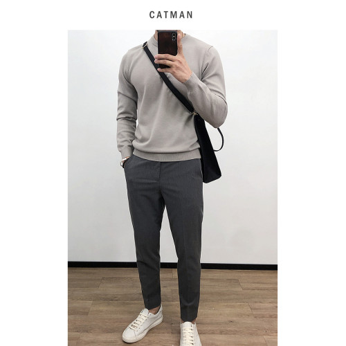 春秋純色薄款圓領打底針織衫男韓版修身套頭毛衣內搭線衫男士上衣