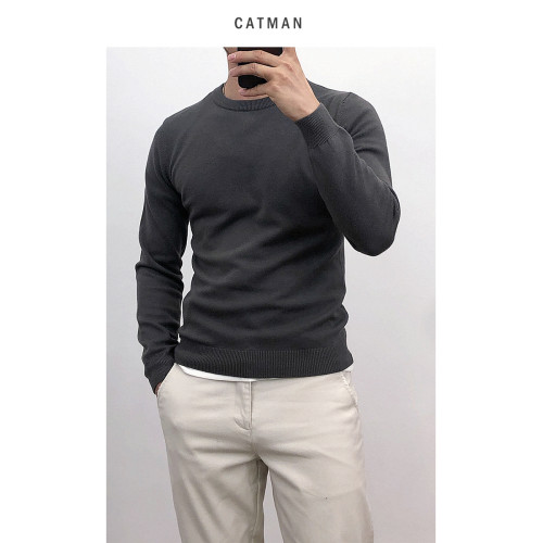 春秋純色薄款圓領打底針織衫男韓版修身套頭毛衣內搭線衫男士上衣