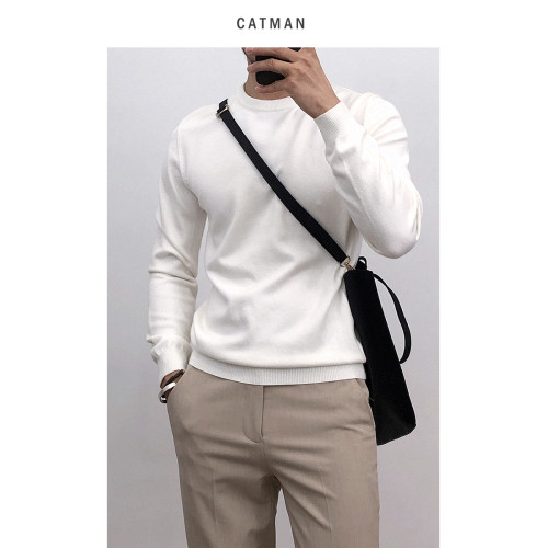 春秋純色薄款圓領打底針織衫男韓版修身套頭毛衣內搭線衫男士上衣