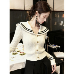 韓版時尚白色大翻領針織毛衣女2025秋季新款小衆輕熟氣質開衫上衣