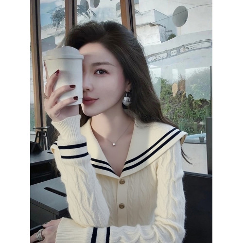 韓版時尚白色大翻領針織毛衣女2025秋季新款小衆輕熟氣質開衫上衣