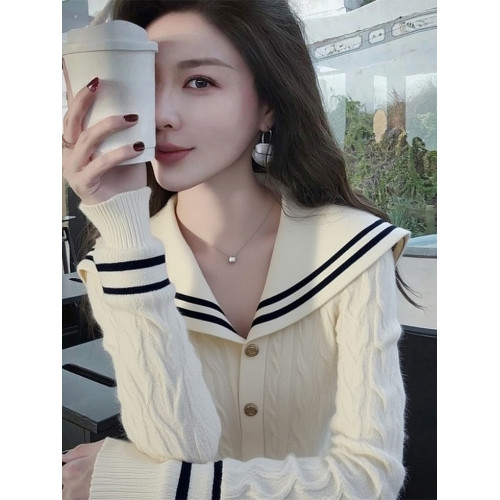 韓版時尚白色大翻領針織毛衣女2025秋季新款小衆輕熟氣質開衫上衣