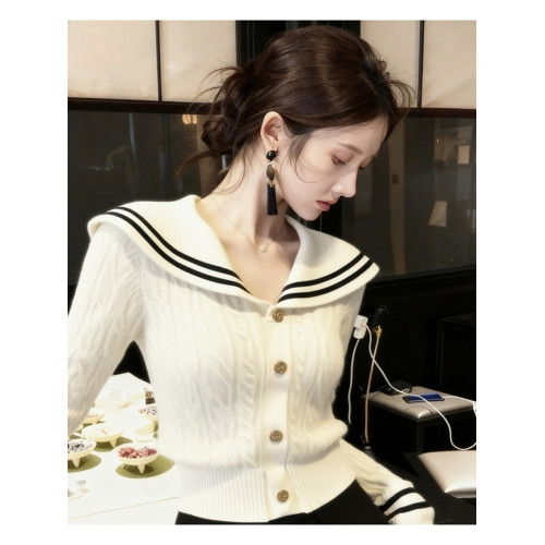 韓版時尚白色大翻領針織毛衣女2025秋季新款小衆輕熟氣質開衫上衣