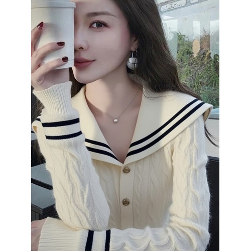 韓版時尚白色大翻領針織毛衣女2025秋季新款小衆輕熟氣質開衫上衣