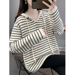 不起球軟糯毛衣外套女2025新款秋冬季條紋連帽針織衫寬松上衣加厚