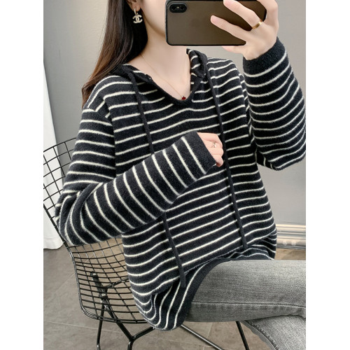不起球軟糯毛衣外套女2025新款秋冬季條紋連帽針織衫寬松上衣加厚 不起球軟糯毛衣外套女2025新款秋冬季條紋連帽針織衫寬松上衣加厚