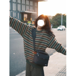 日系復古撞色條紋圓領套頭毛衣女秋冬慵懶風寬松中長款羊毛針織衫