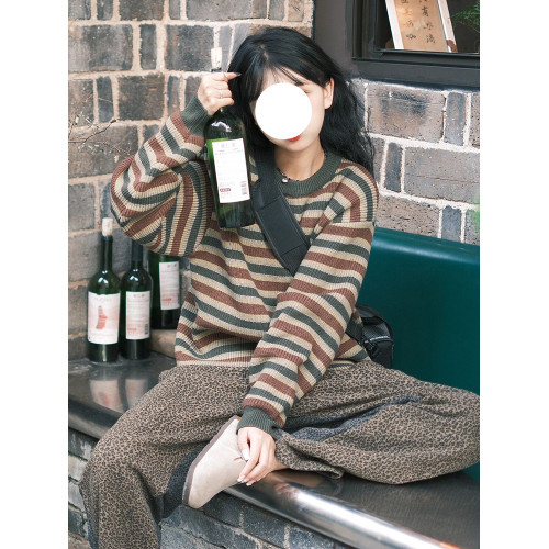 日系復古撞色條紋圓領套頭毛衣女秋冬慵懶風寬松中長款羊毛針織衫 日系復古撞色條紋圓領套頭毛衣女秋冬慵懶風寬松中長款羊毛針織衫
