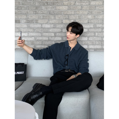 碧捨新款毛衣開衫春秋百搭簡約翻領毛線外套韓版薄款英倫針織衫男