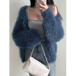 奶fufu慵懶水貂絨毛衣外套女早秋季大碼胖mm顯瘦V領短款針織開衫