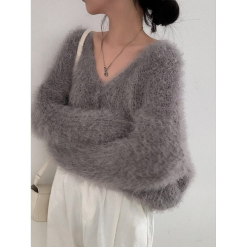 奶fufu慵懶水貂絨毛衣外套女早秋季大碼胖mm顯瘦V領短款針織開衫 奶fufu慵懶水貂絨毛衣外套女早秋季大碼胖mm顯瘦V領短款針織開衫