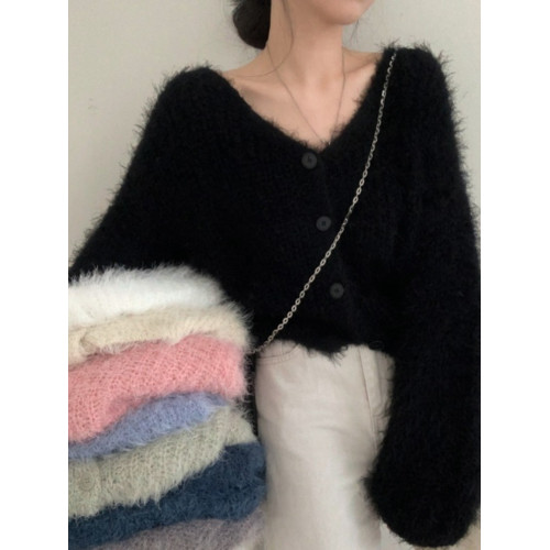 奶fufu慵懶水貂絨毛衣外套女早秋季大碼胖mm顯瘦V領短款針織開衫 奶fufu慵懶水貂絨毛衣外套女早秋季大碼胖mm顯瘦V領短款針織開衫