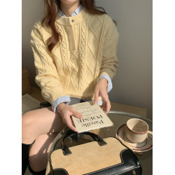 奶黃色復古日系慵懶圓領麻花寬松外穿內搭設計感小衆毛衣女針織衫