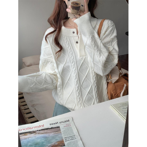 奶黃色復古日系慵懶圓領麻花寬松外穿內搭設計感小衆毛衣女針織衫 奶黃色復古日系慵懶圓領麻花寬松外穿內搭設計感小衆毛衣女針織衫