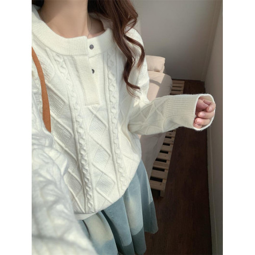 奶黃色復古日系慵懶圓領麻花寬松外穿內搭設計感小衆毛衣女針織衫 奶黃色復古日系慵懶圓領麻花寬松外穿內搭設計感小衆毛衣女針織衫