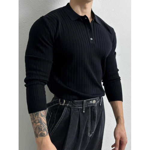 黑色針織長袖Polo衫男士秋季新款韓版輕熟風簡約坑條紋T恤上衣潮 黑色針織長袖Polo衫男士秋季新款韓版輕熟風簡約坑條紋T恤上衣潮