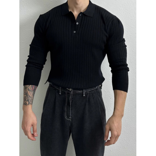 黑色針織長袖Polo衫男士秋季新款韓版輕熟風簡約坑條紋T恤上衣潮 黑色針織長袖Polo衫男士秋季新款韓版輕熟風簡約坑條紋T恤上衣潮