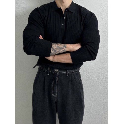 黑色針織長袖Polo衫男士秋季新款韓版輕熟風簡約坑條紋T恤上衣潮 黑色針織長袖Polo衫男士秋季新款韓版輕熟風簡約坑條紋T恤上衣潮