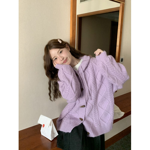 陸小團團連帽牛角釦毛衣外套2026春季新款復古寬鬆慵懶溫柔上衣女